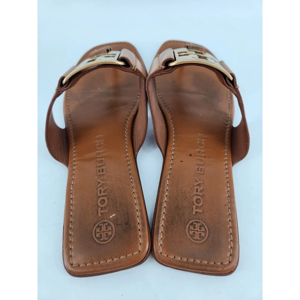 Tory Burch Georgia Sandals Womens 9.5 Tan Brown Gold Logo‎ Thong Flat 84937